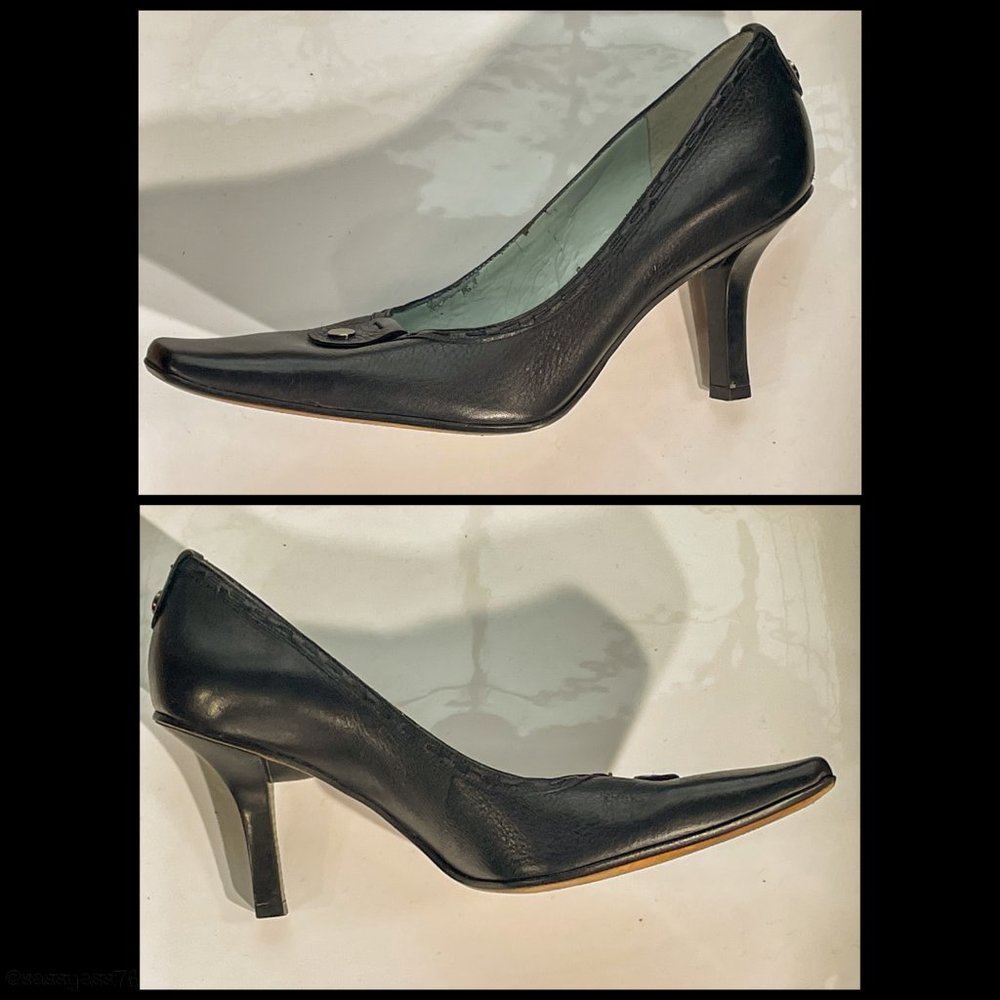 ⭐️HP⭐️VTG▪️ANTONIO MELANI▪️Dark Navy Gold Paneled Leather 'Mad Men' Heels - Picture 5 of 10